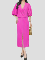 Deep Pink V-Neck Blazer and Skirt Set