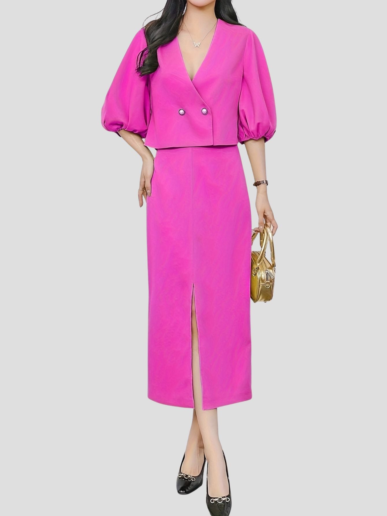 Deep Pink V-Neck Blazer and Skirt Set
