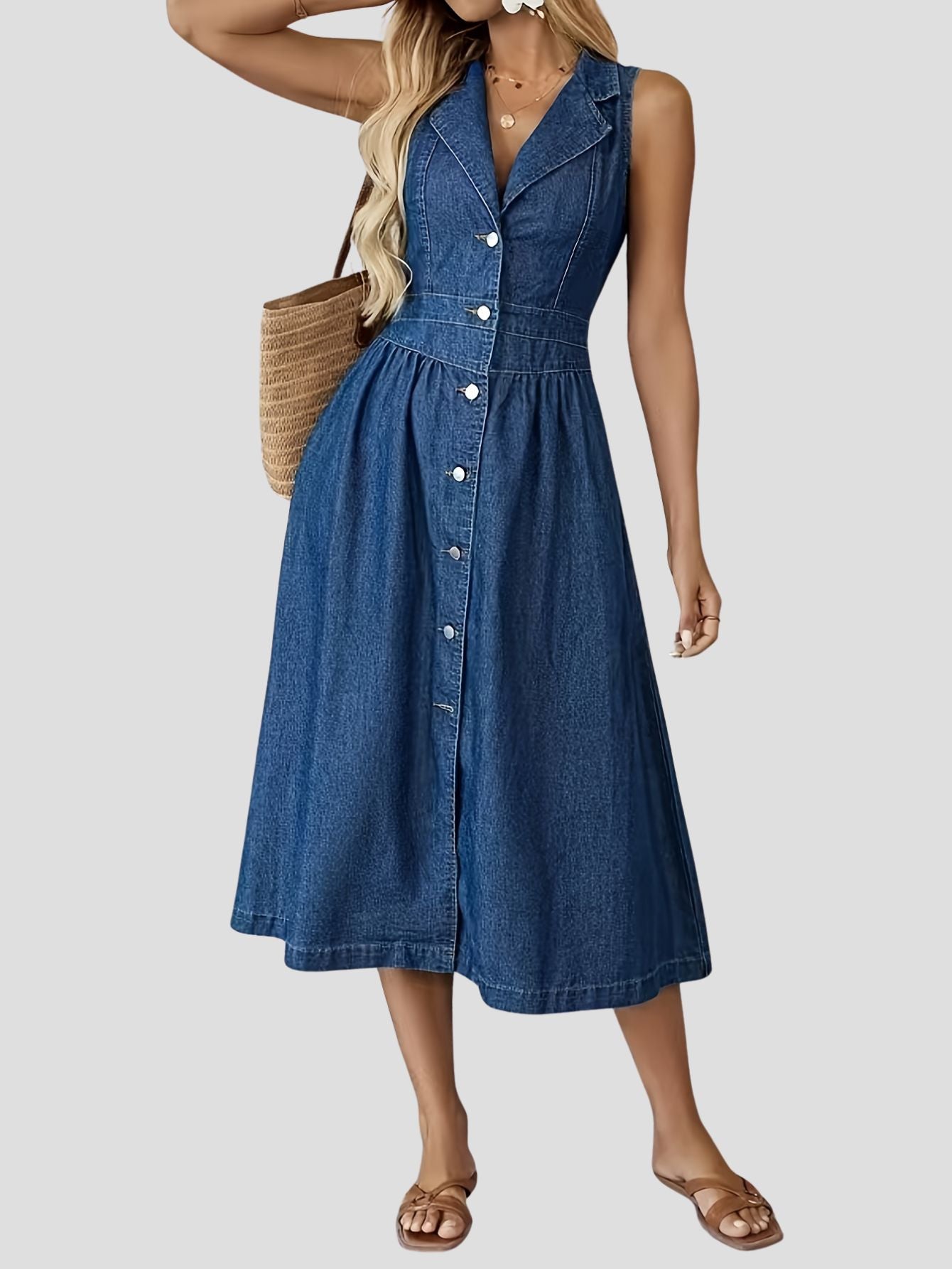 Sleeveless Denim Midi Dress – Ruffled Hem