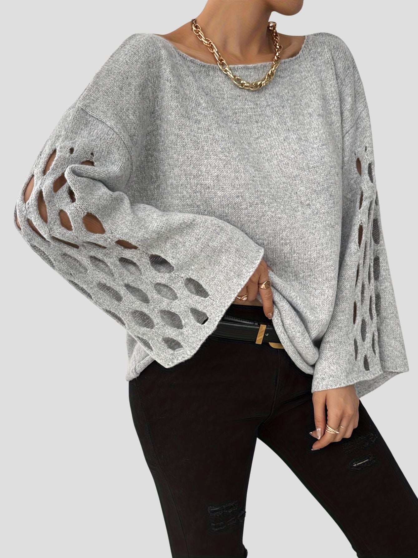Plus Size Casual Long Sleeve Sweater – Cut-Out Details