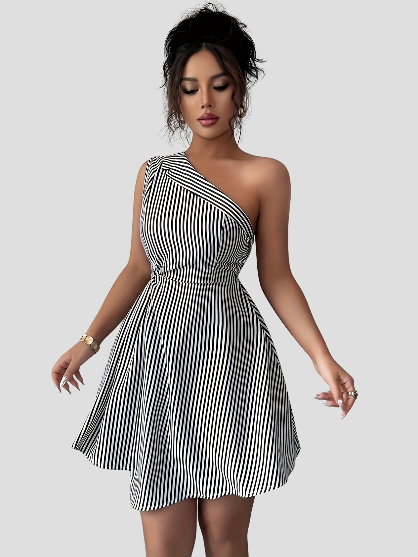 Striped One-Shoulder Mini Dress