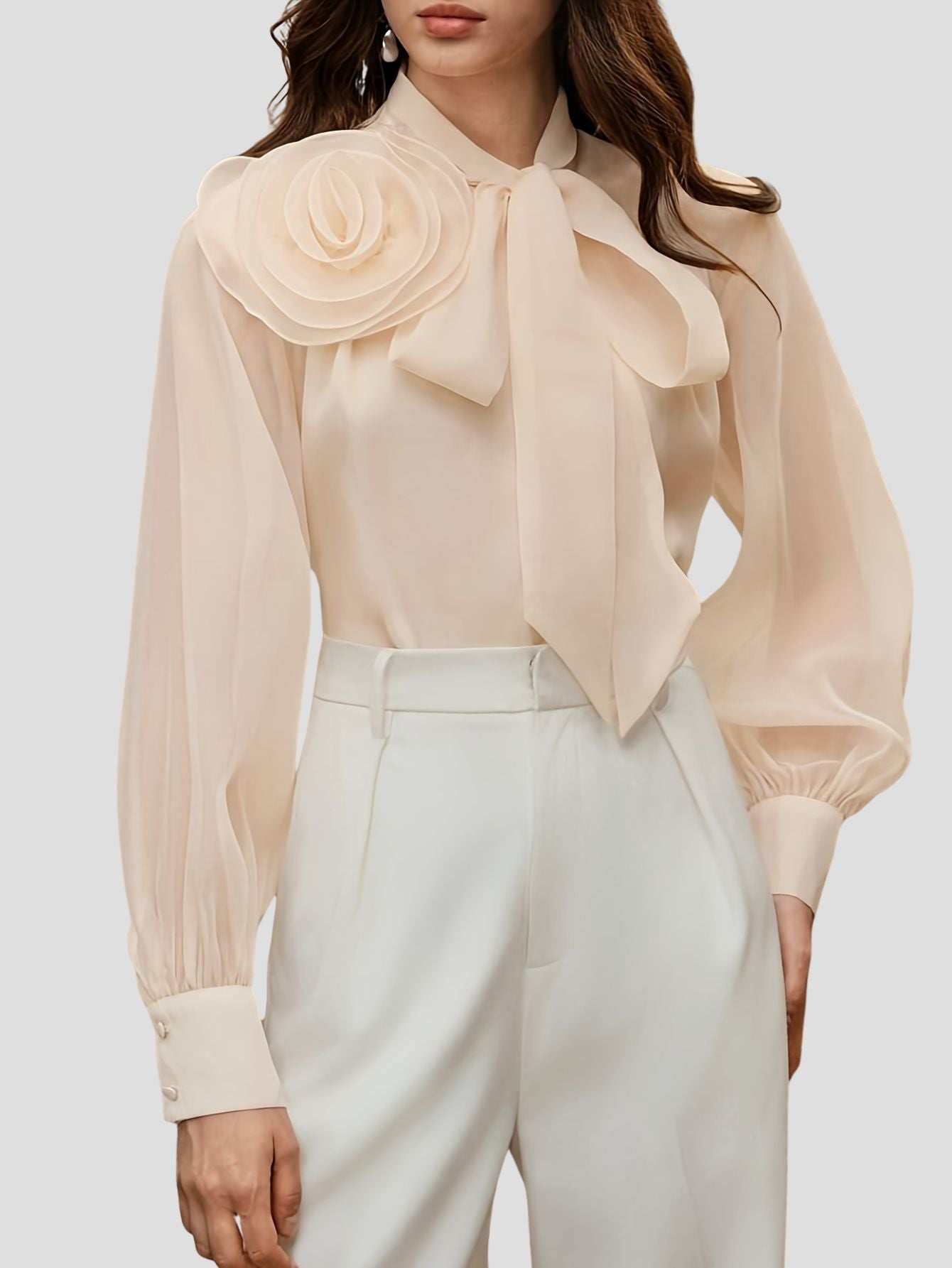 Chiffon Floral Ribbon Long Sleeve Blouse
