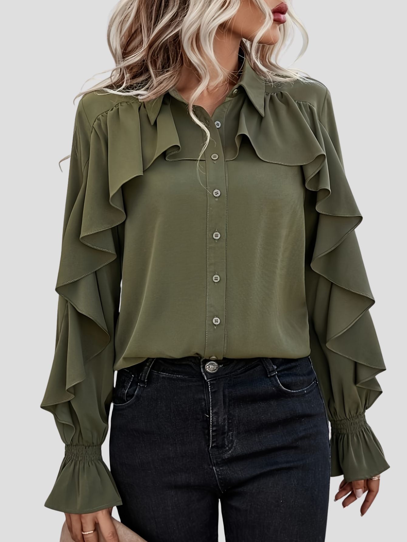 Ruffled Shirred Sleeve Elegant Blouse