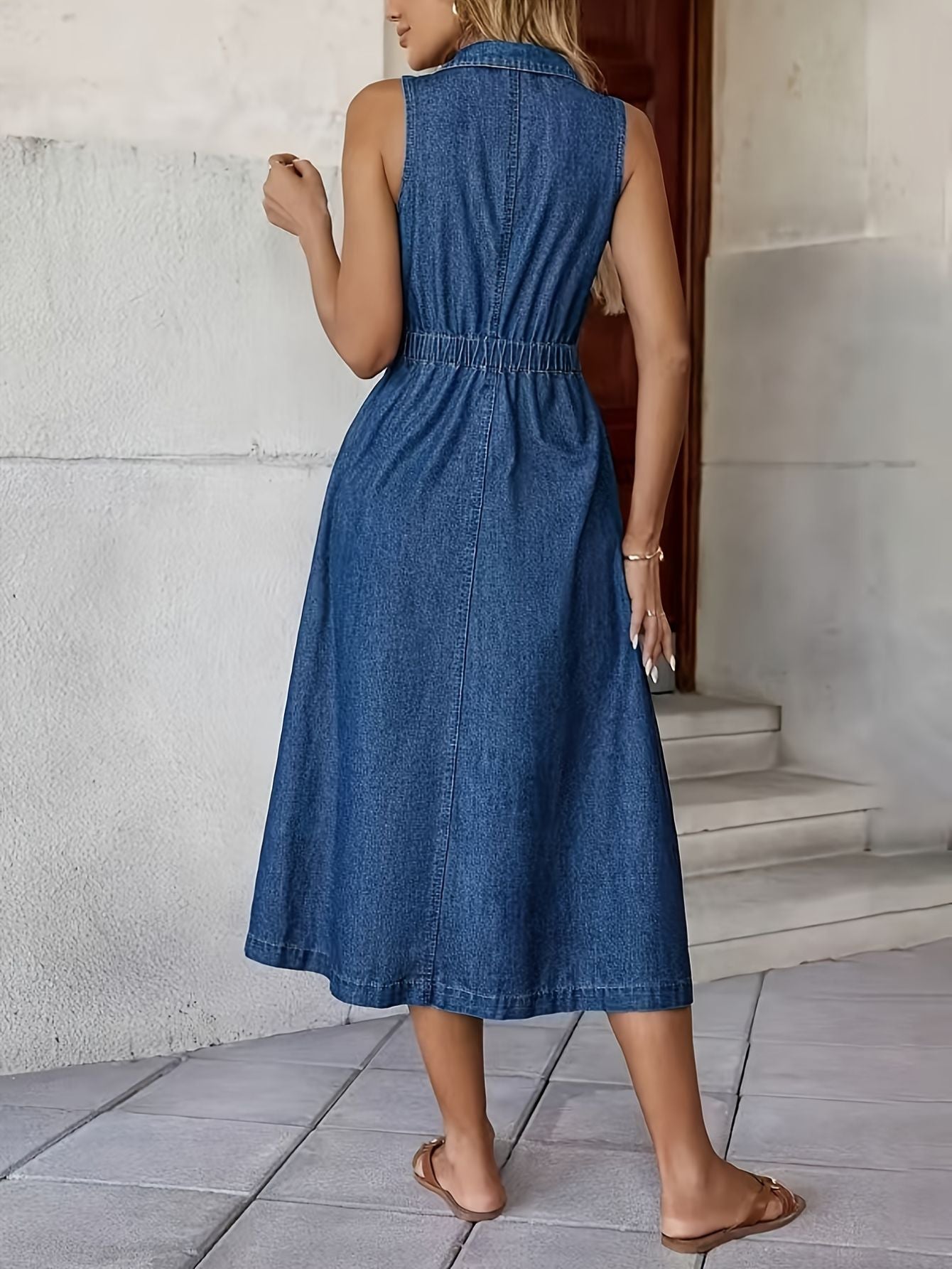 Sleeveless Denim Midi Dress – Ruffled Hem