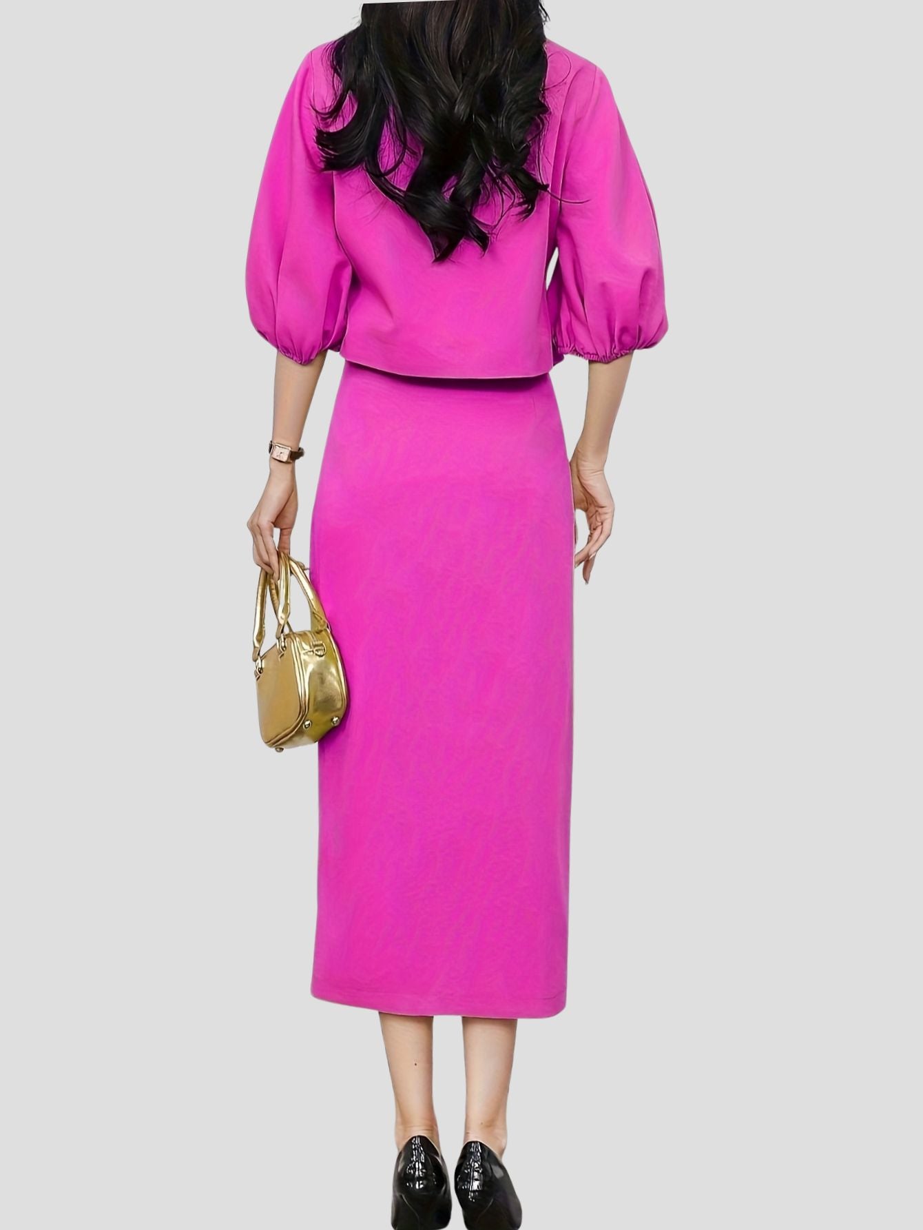 Deep Pink V-Neck Blazer and Skirt Set