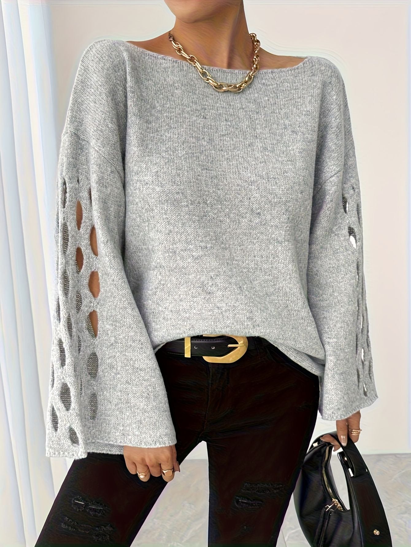 Plus Size Casual Long Sleeve Sweater – Cut-Out Details