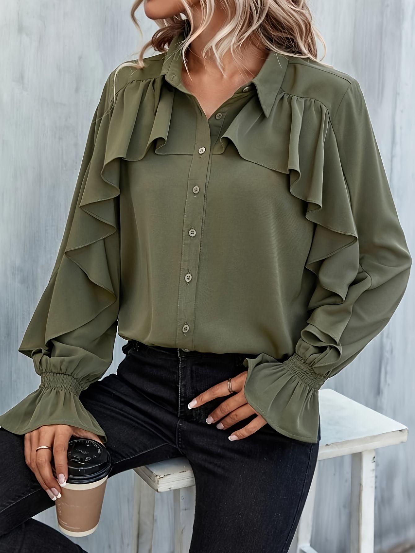 Ruffled Shirred Sleeve Elegant Blouse