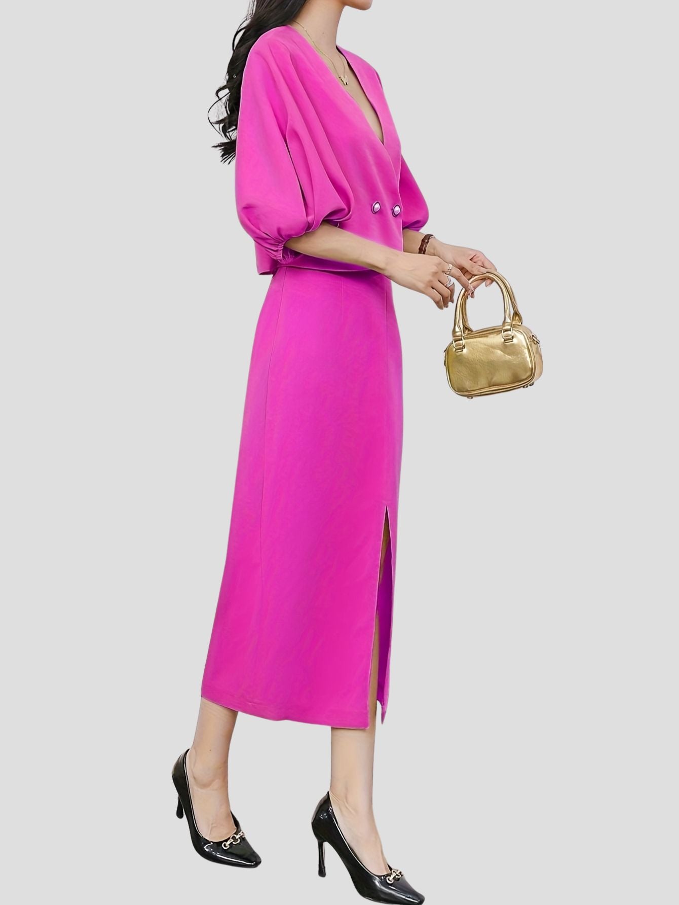 Deep Pink V-Neck Blazer and Skirt Set
