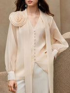 Chiffon Floral Ribbon Long Sleeve Blouse
