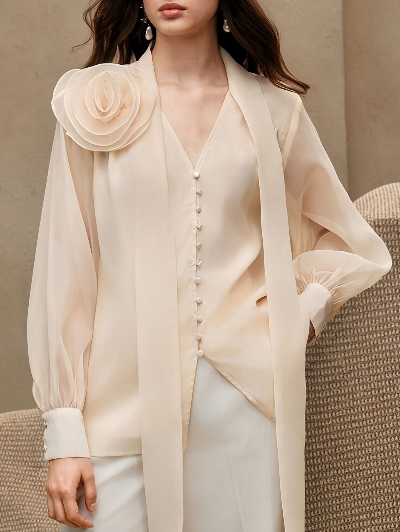 Chiffon Floral Ribbon Long Sleeve Blouse