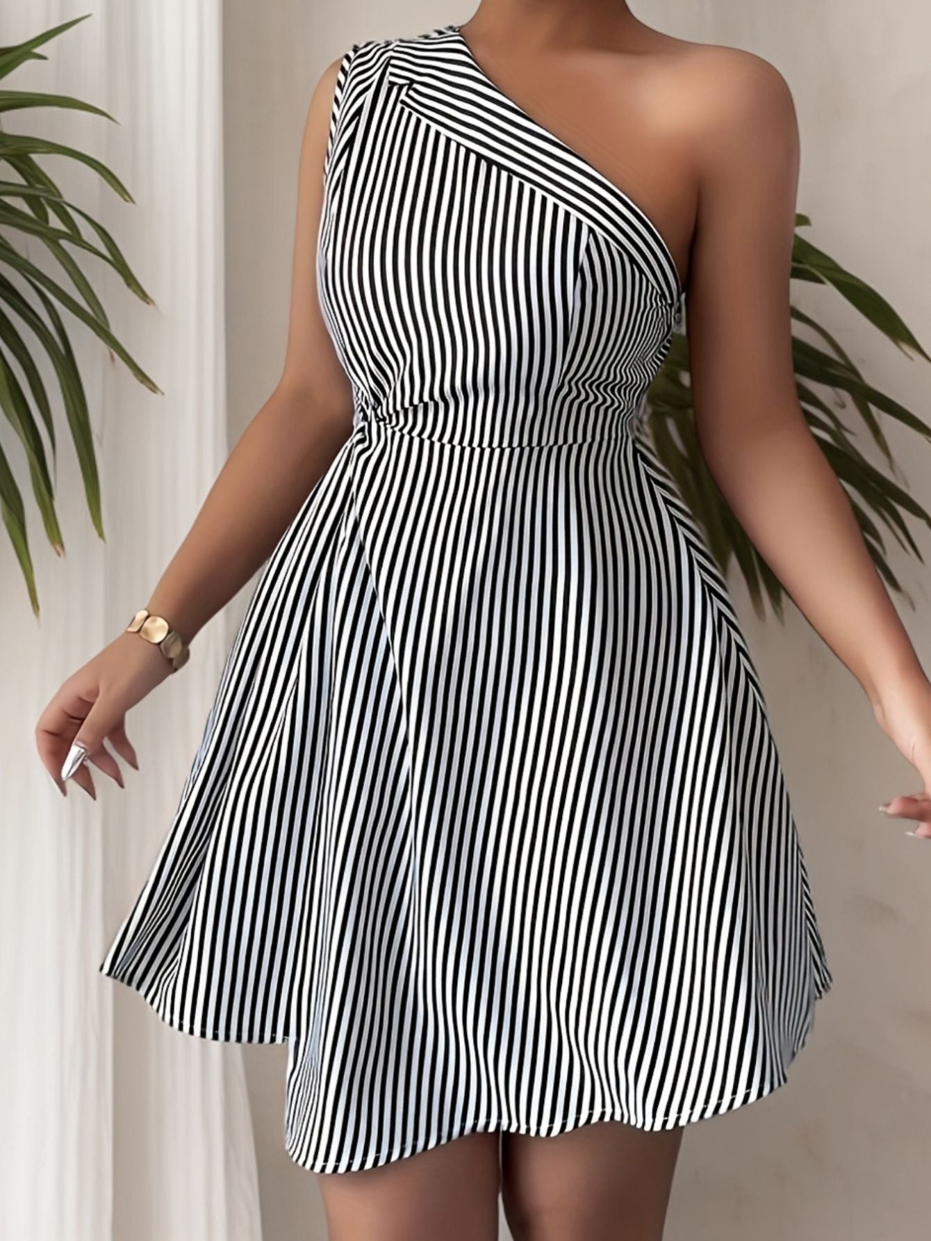 Striped One-Shoulder Mini Dress