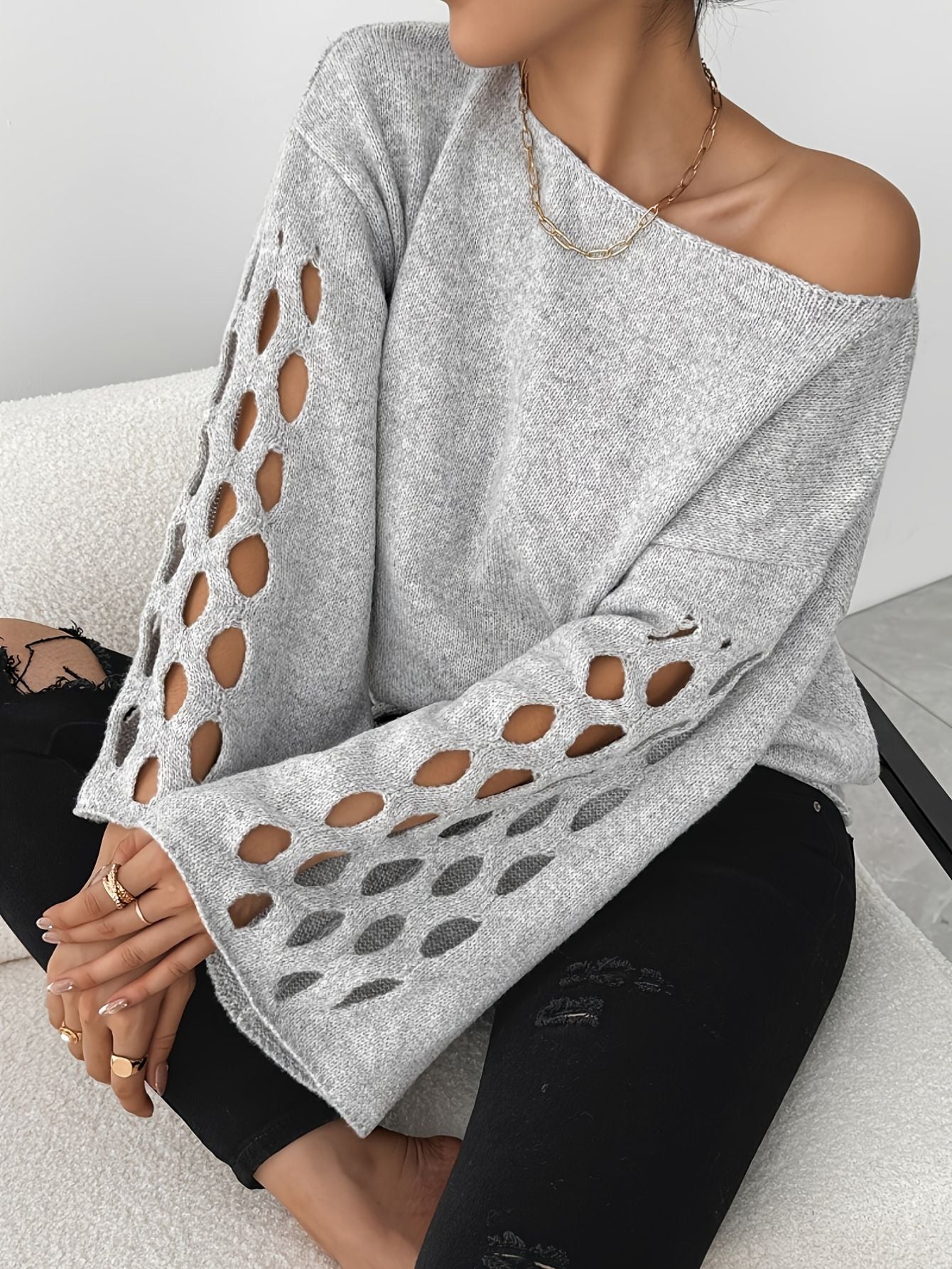 Plus Size Casual Long Sleeve Sweater – Cut-Out Details