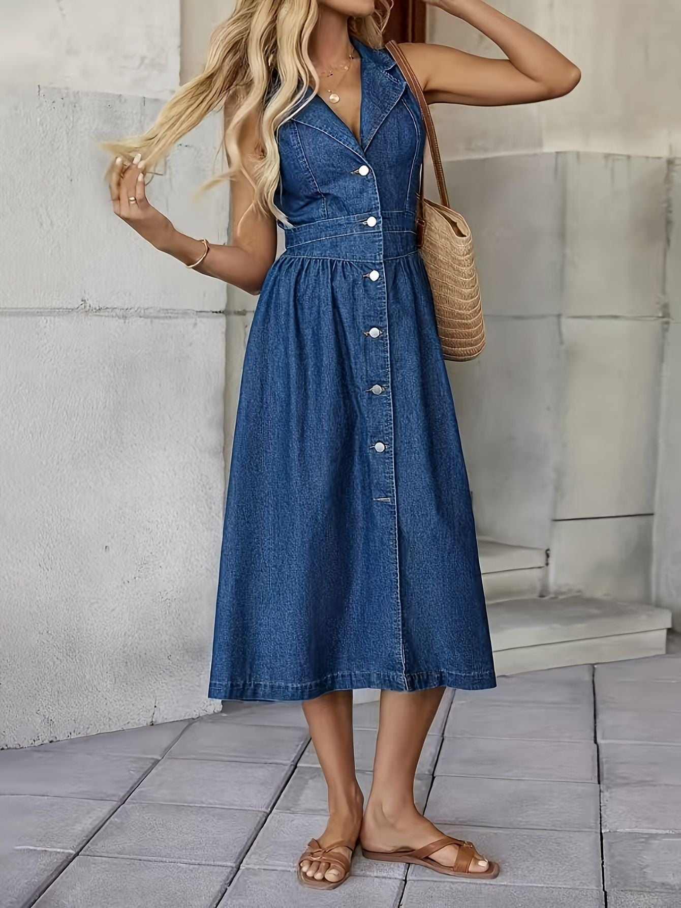 Sleeveless Denim Midi Dress – Ruffled Hem