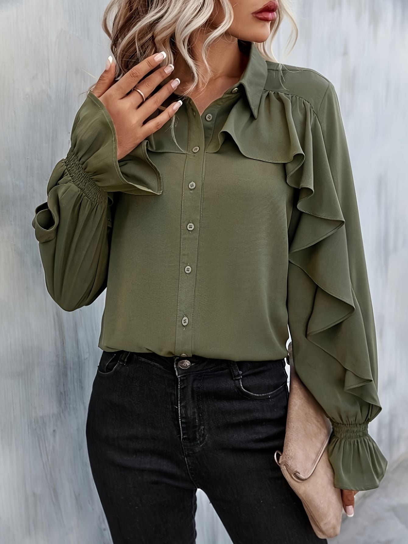 Ruffled Shirred Sleeve Elegant Blouse