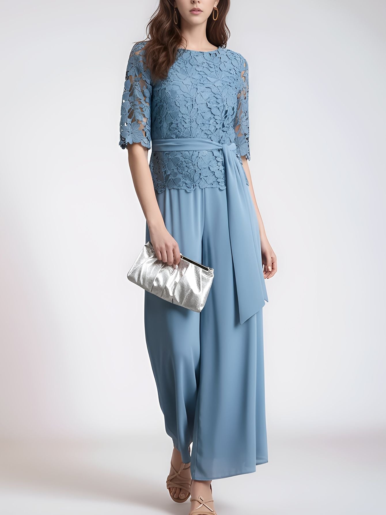 Lace Top and Chiffon Pants Set