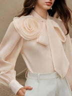 Chiffon Floral Ribbon Long Sleeve Blouse
