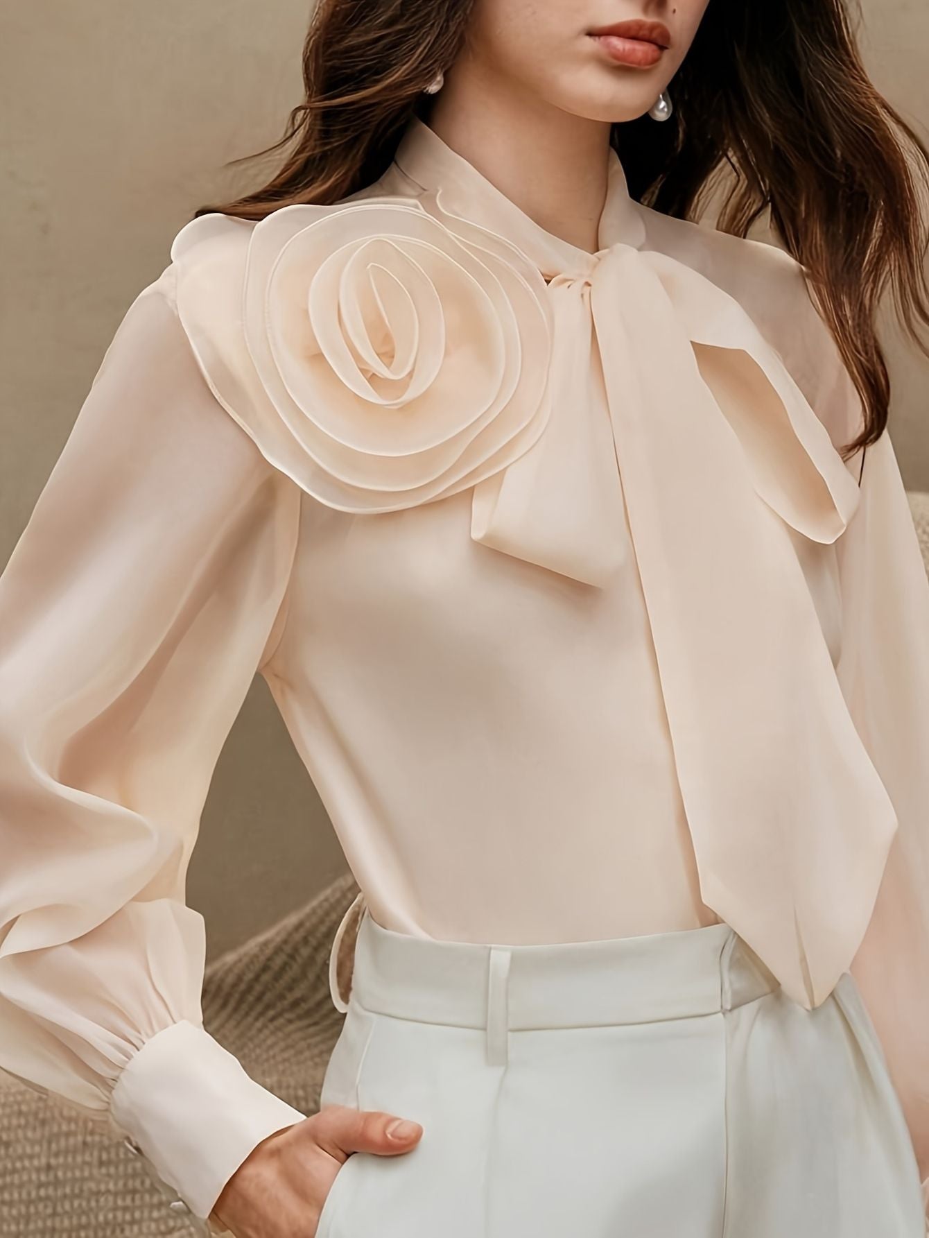 Chiffon Floral Ribbon Long Sleeve Blouse