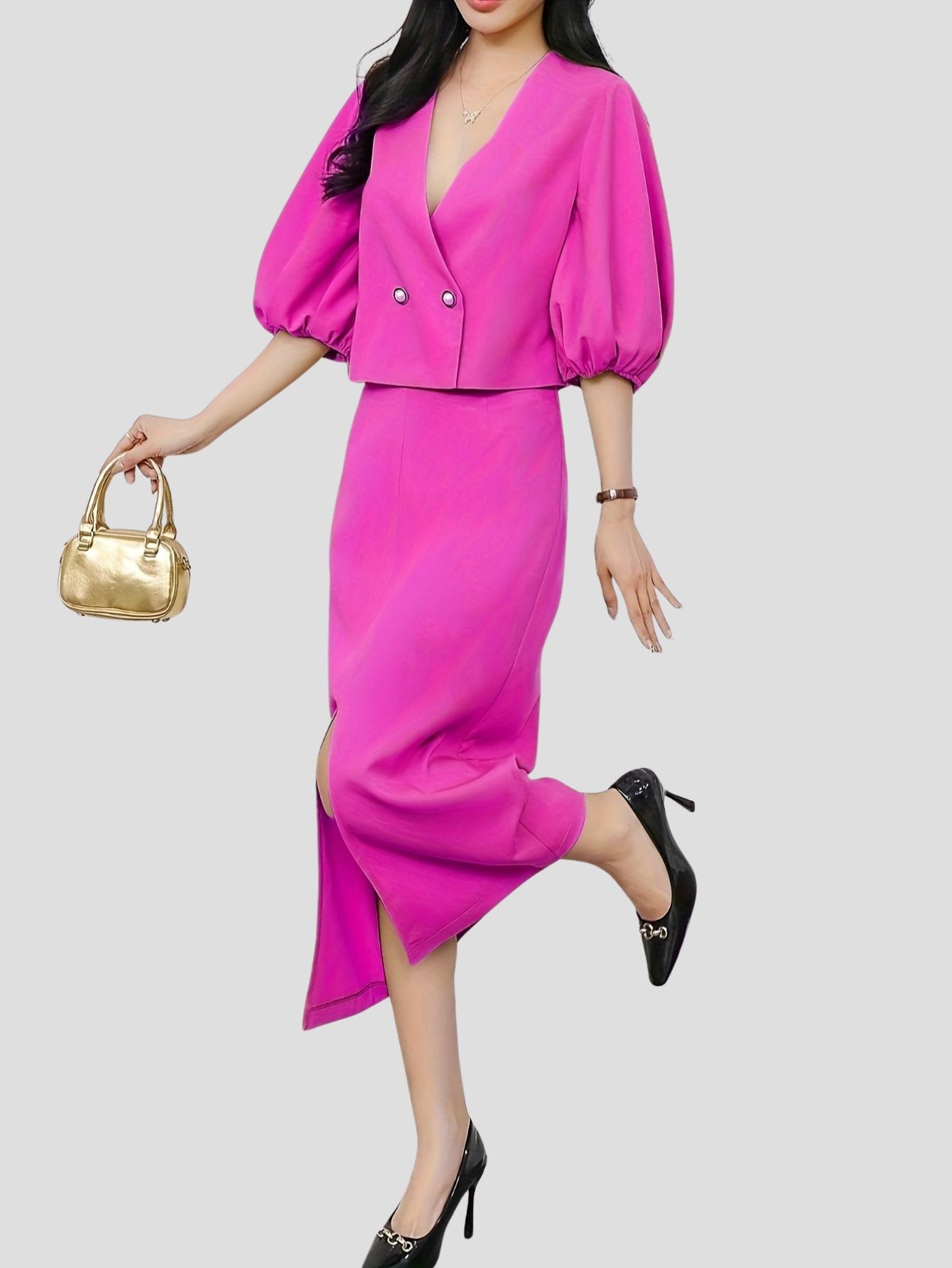 Deep Pink V-Neck Blazer and Skirt Set