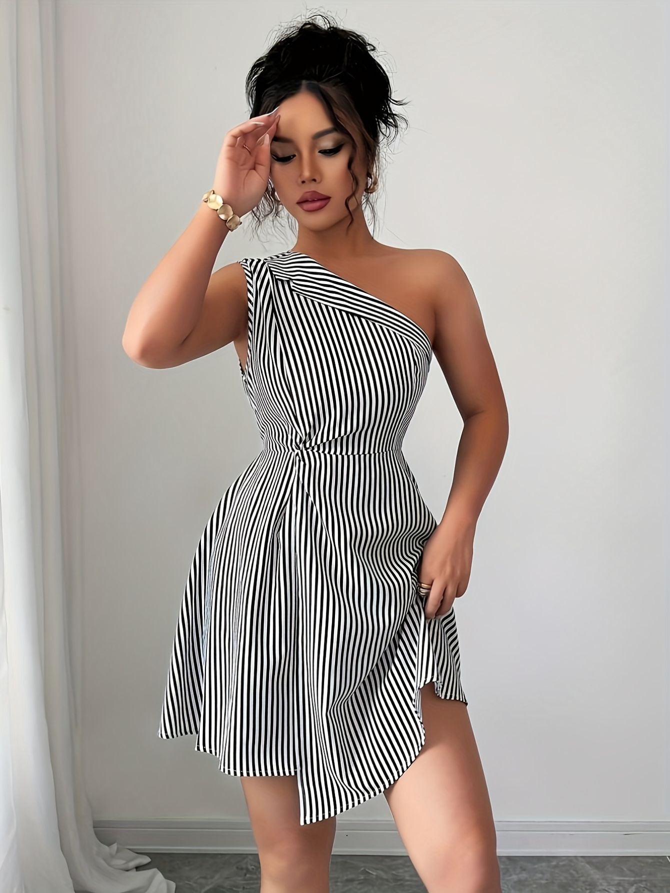Striped One-Shoulder Mini Dress