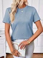 Beaded Short Sleeve Top – Elegant Spring Tee Rose Sherley