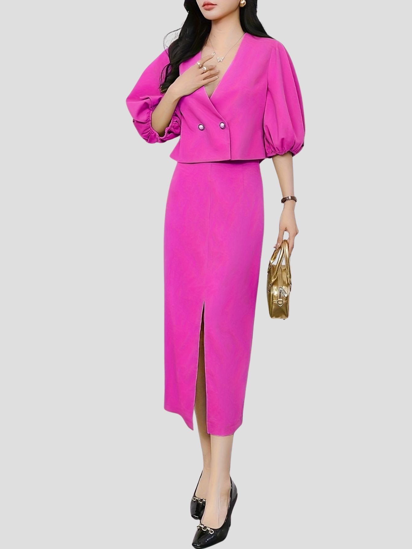 Deep Pink V-Neck Blazer and Skirt Set