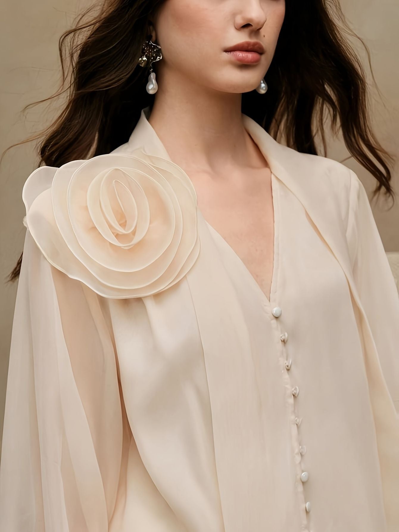 Chiffon Floral Ribbon Long Sleeve Blouse