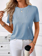 Beaded Short Sleeve Top – Elegant Spring Tee Rose Sherley