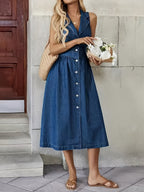 Sleeveless Denim Midi Dress – Ruffled Hem