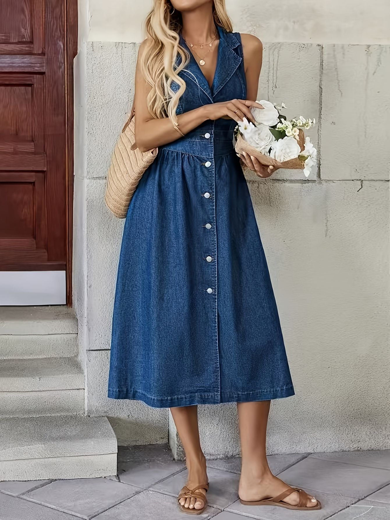 Sleeveless Denim Midi Dress – Ruffled Hem