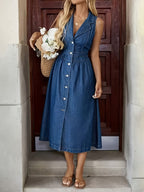 Sleeveless Denim Midi Dress – Ruffled Hem
